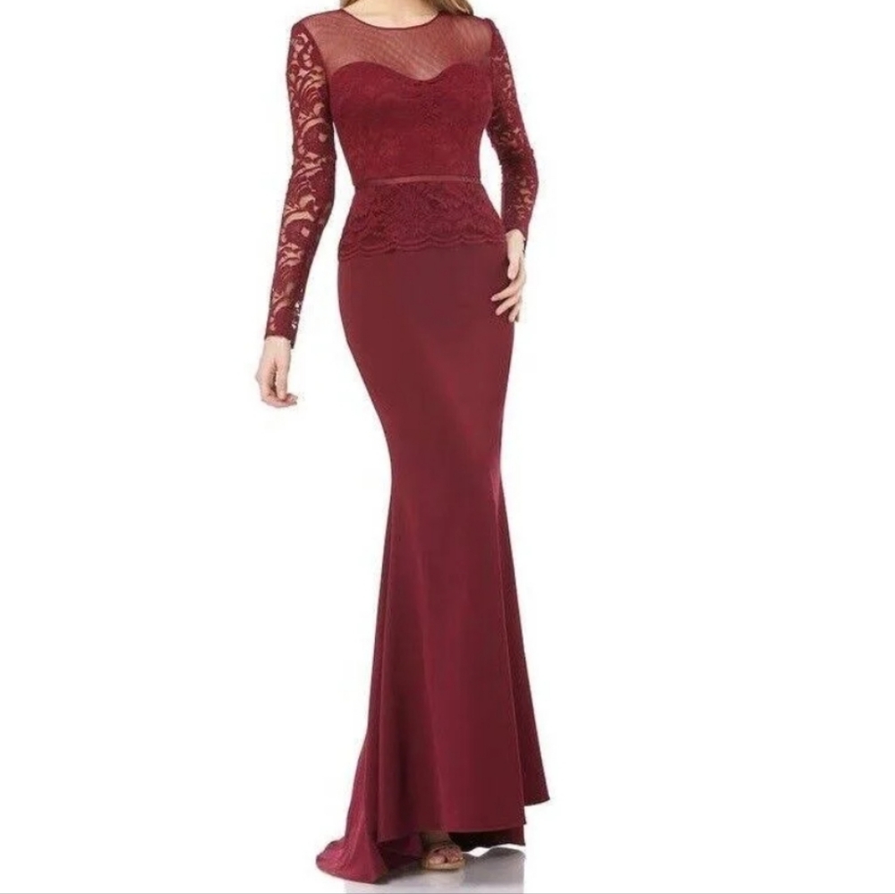 NWT JS Collection Mermaid Gown Dress Long Sleeve Illusion Neck Lace Wine Sz 8